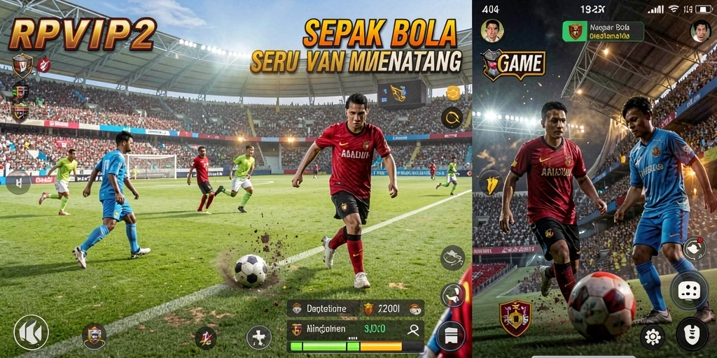 Screenshot utama RPVIP2 menampilkan aksi seru dalam permainan sepak bola.